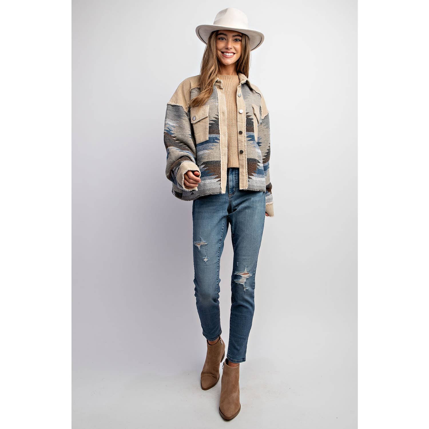 TRIBAL AZTEC PATTERN COLORBLOCK BUTTON DOWN SHIRT JACKET