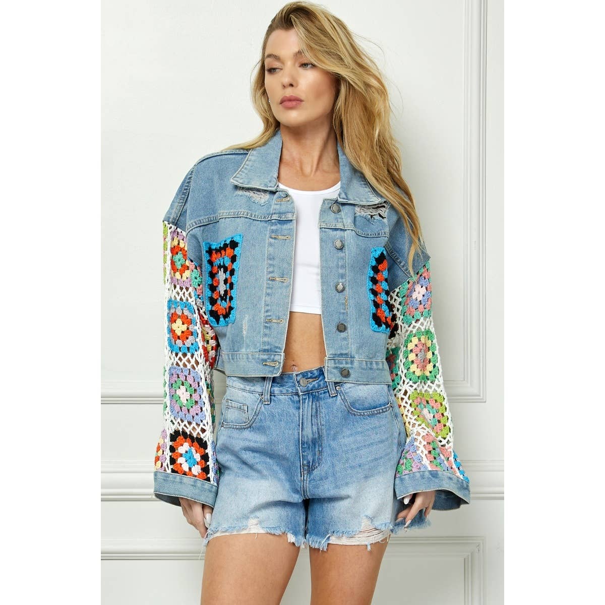 Crochet Contrast Sleeve and Pocket Denim Jacket: Med Wash