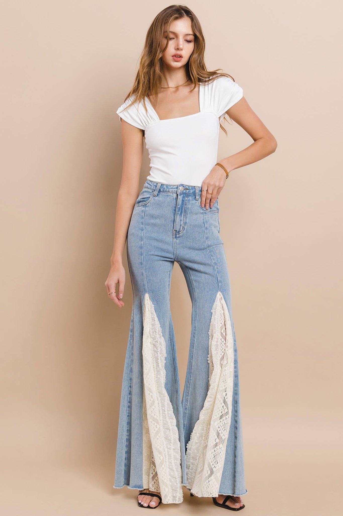 LACE DETAIL WIDE LEG JEANS 2481PIB LIGHT DENIM: LIGHT DENIM