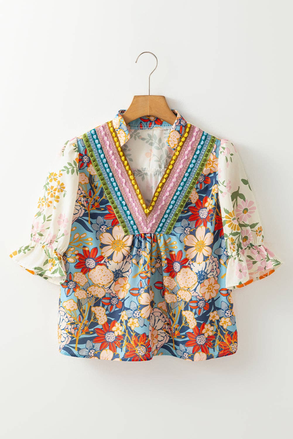 Multicolour Crochet V Neck Half Sleeve Boho Floral Blouse: Multicolour