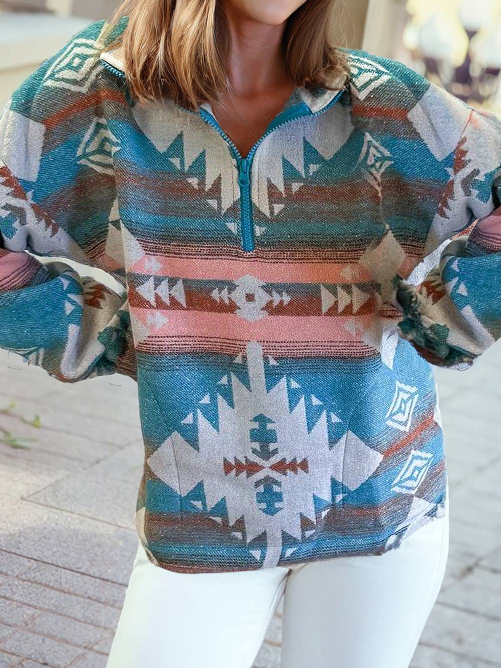 Quarter Zip Elastic Cuffs Western Sweatshirt: