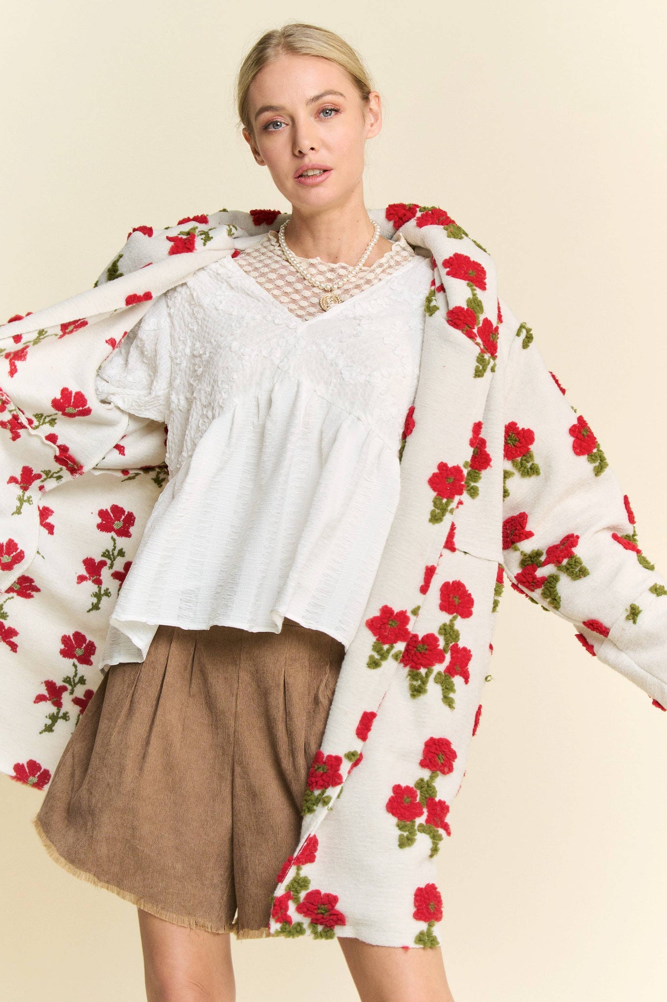 FLORAL POCKET CHUNKY BUTTON FRONT HOODIE JACKET