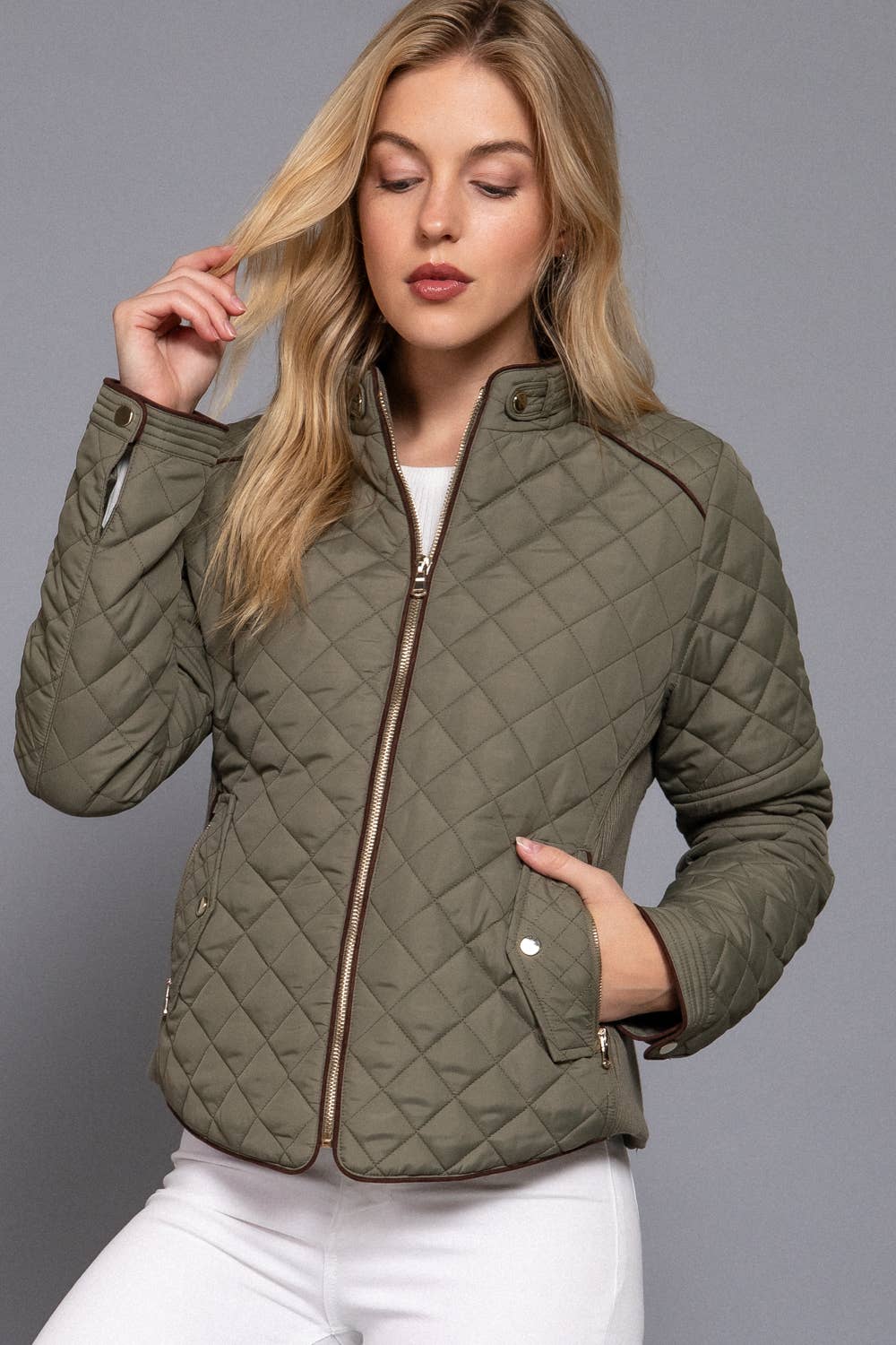 Suede Piping Detail Rib Quilted Padding Jacket