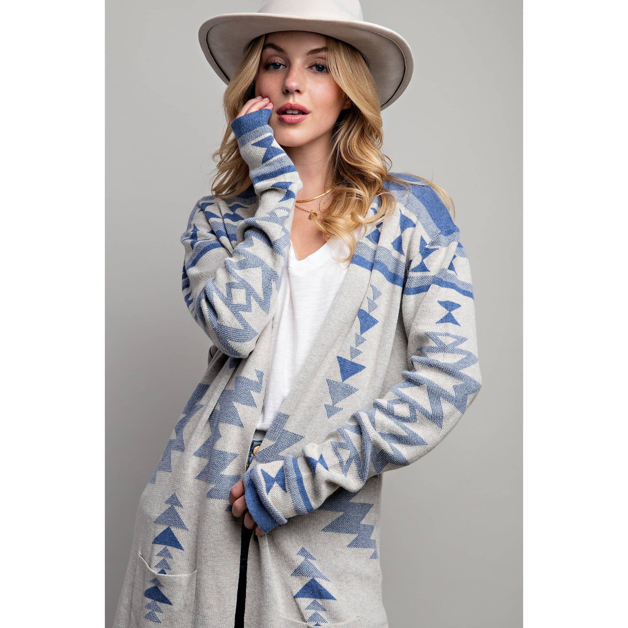 AZTEC PATTERN LONG CARDIGAN: Blue Multi