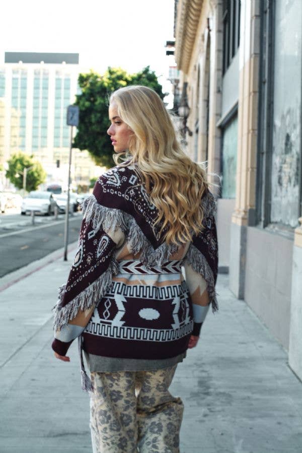 Fringe Trim Jacquard Knit Belted Cardigan: BLUE BROWN