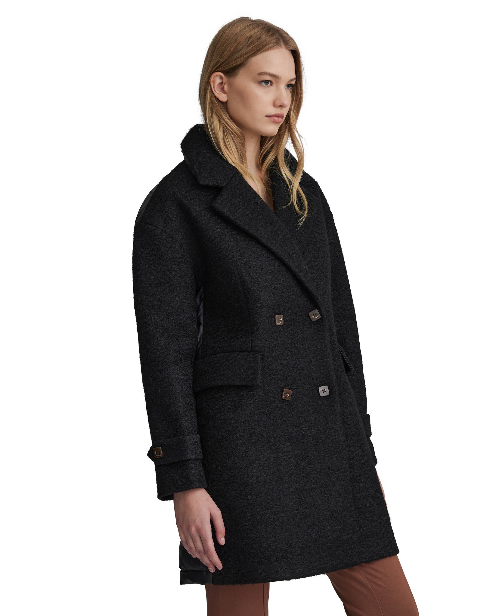 Y4715NVL - BOUCLE MIXED MEDIA PUFFER COAT: Black