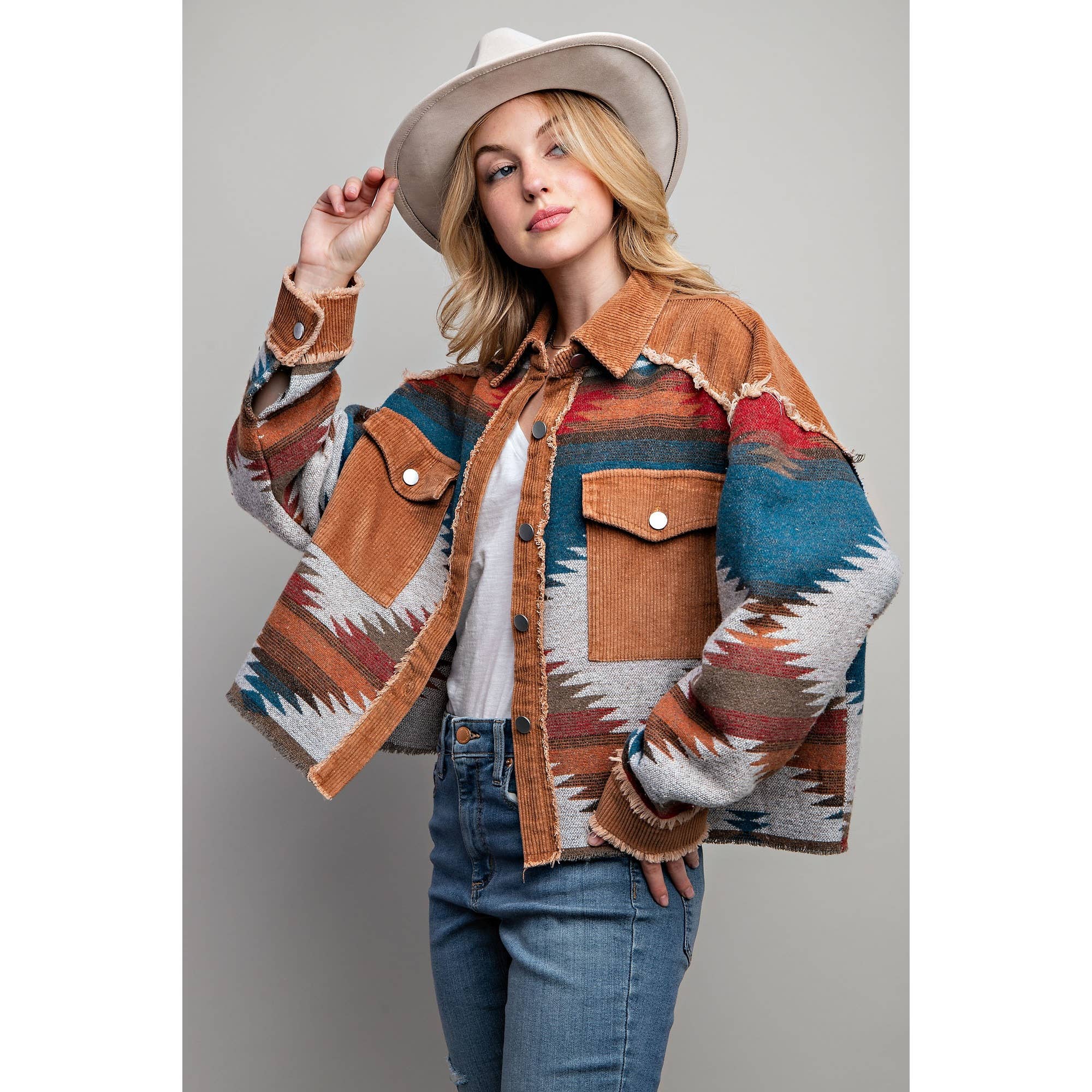 TRIBAL AZTEC PATTERN COLORBLOCK BUTTON DOWN SHIRT JACKET: