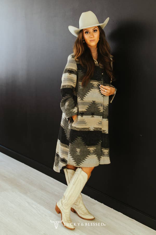 Grey Black Aztec Button Down Coat