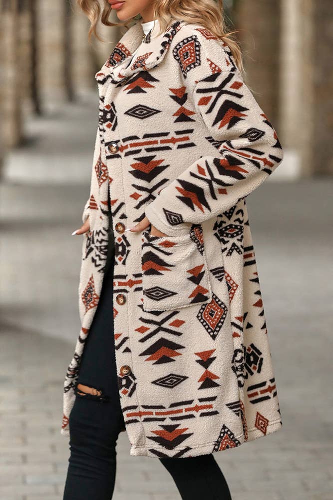 Aztec Print Button Up Long Length Fleece Jacket SR064: Apricot