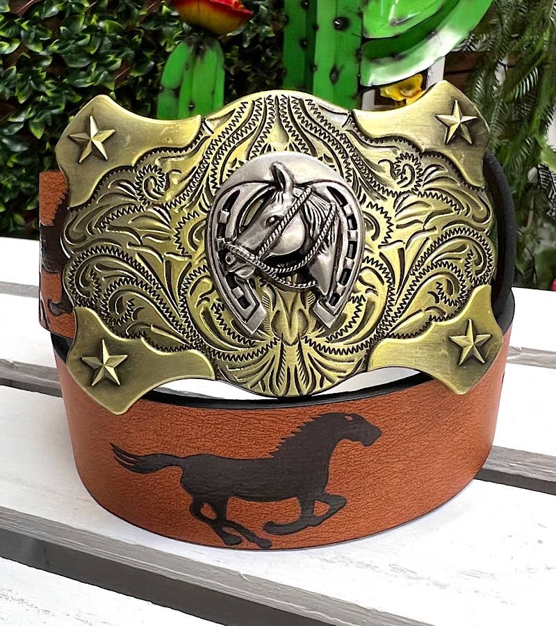HORSESHOE ON GOLD BUCKLE & HORSE PRINT. BLT-10323