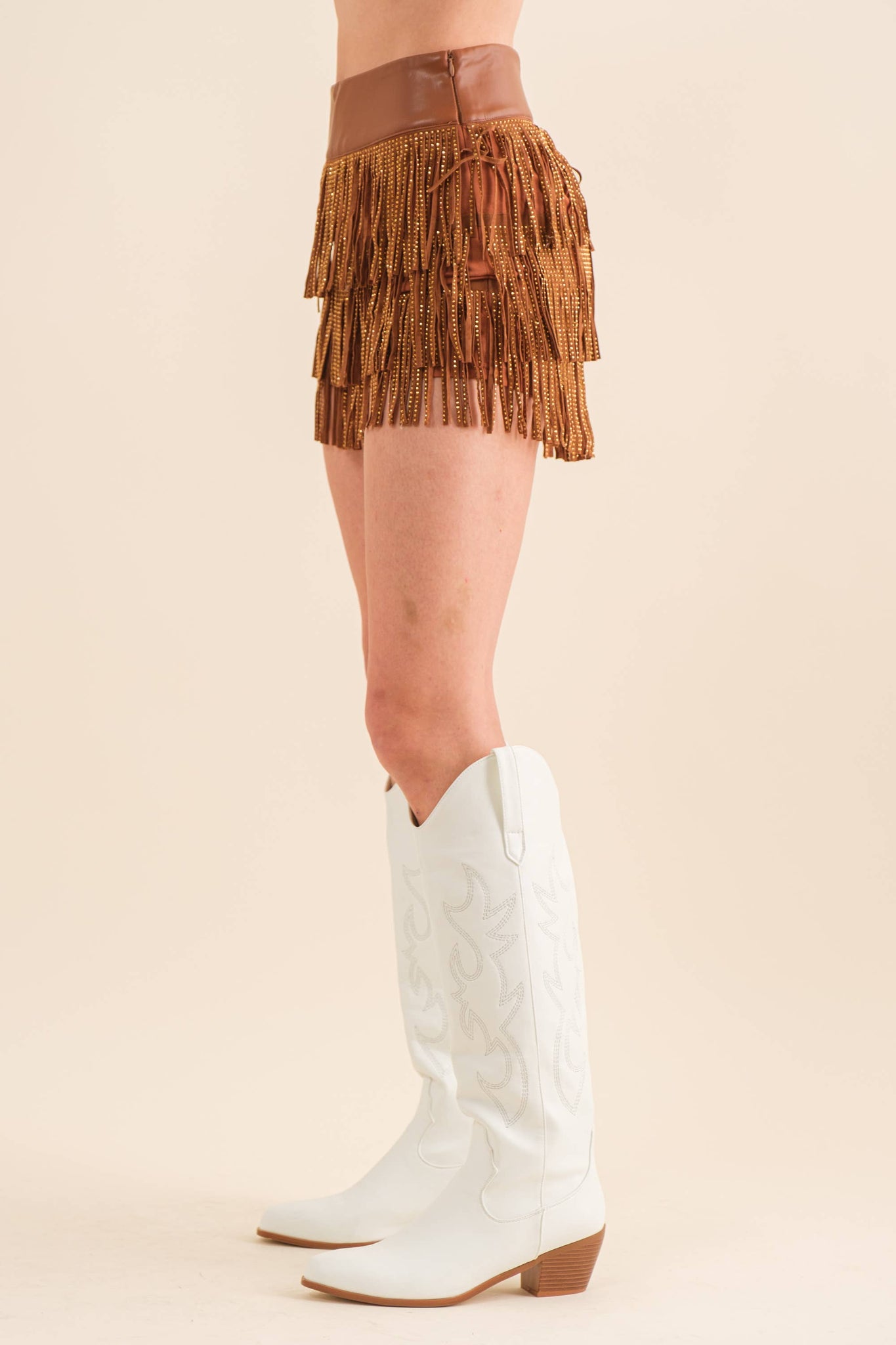 32933P - Wide Faux Leather Waist Tiered Fringe Studded Short: BROWN