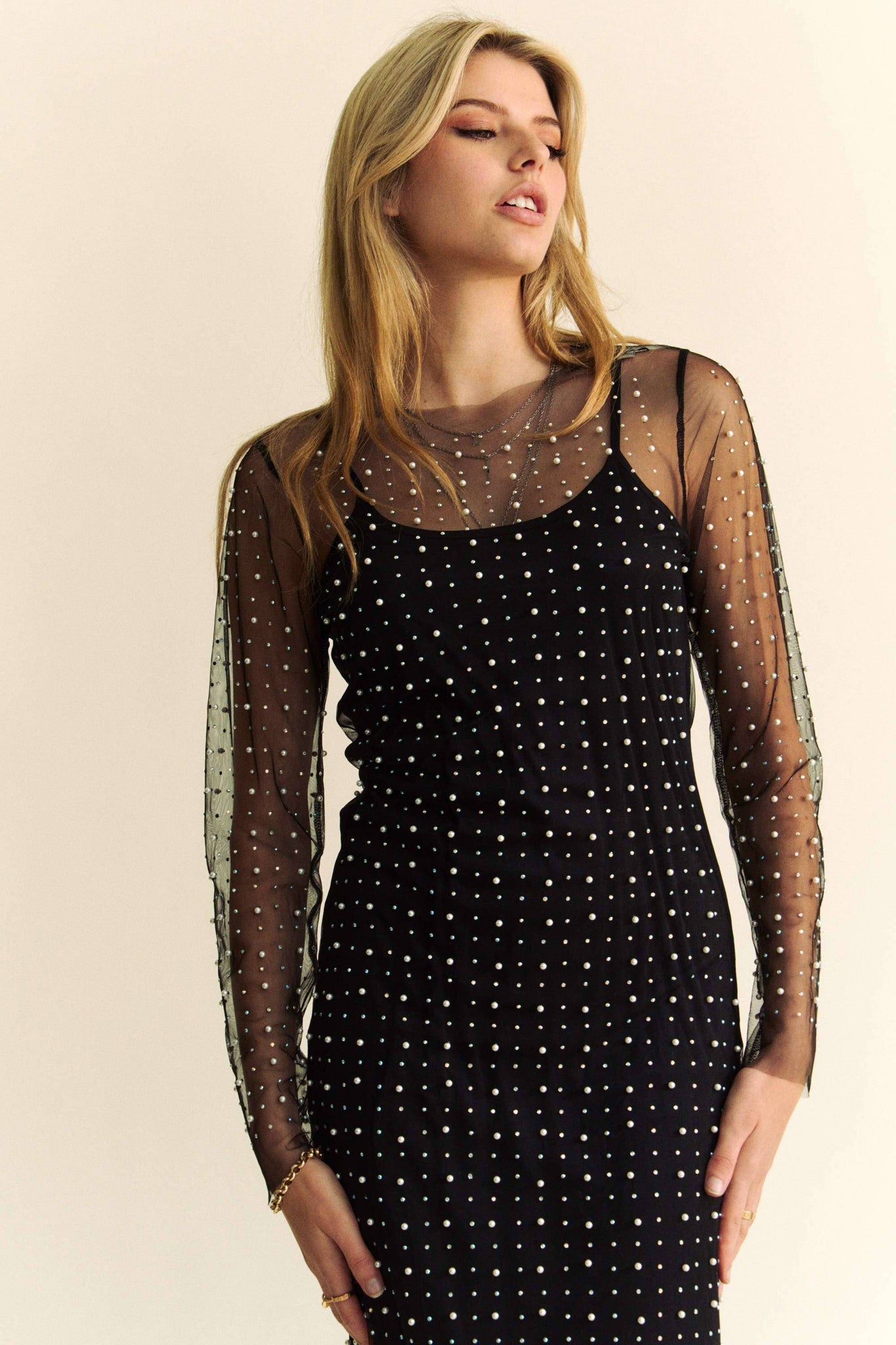 MESH PEARL RHINESTONE COVER UP WITH INNER DRESS