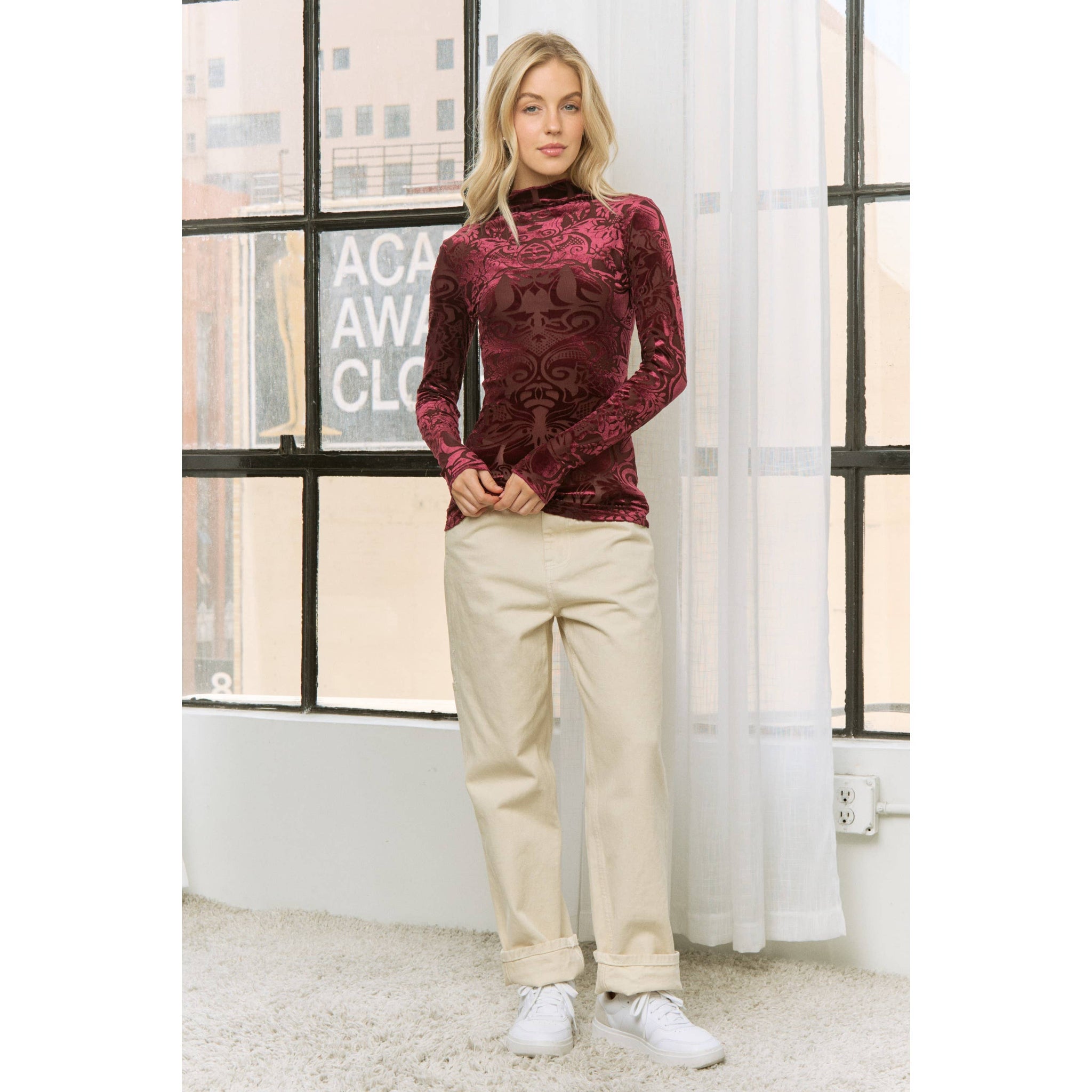 VELVET BURN OUT SLIM FIT HIGH NECKLINE TOP: