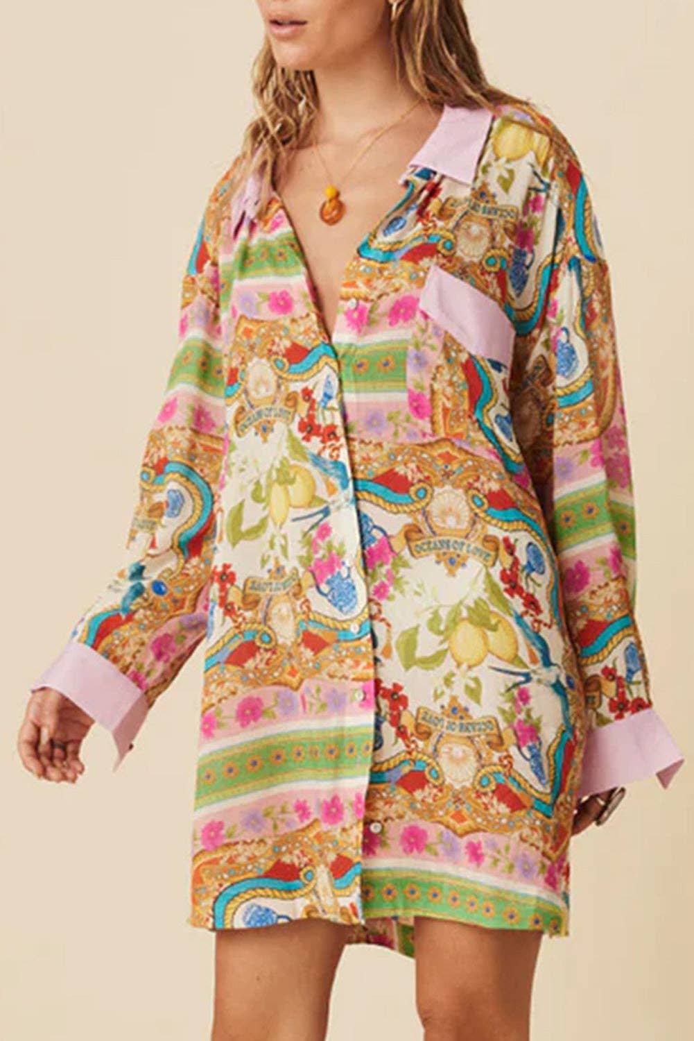 Multicolor Abstract Print Button Down Long Sleeve Dress
