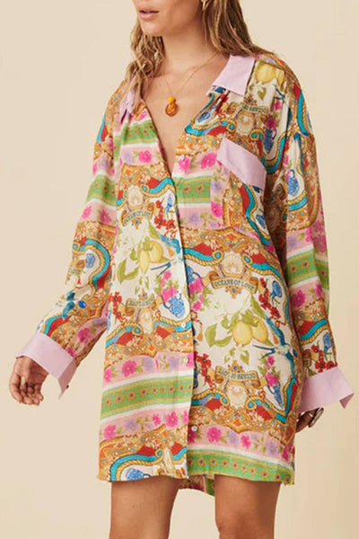 Multicolor Abstract Print Button Down Long Sleeve Dress