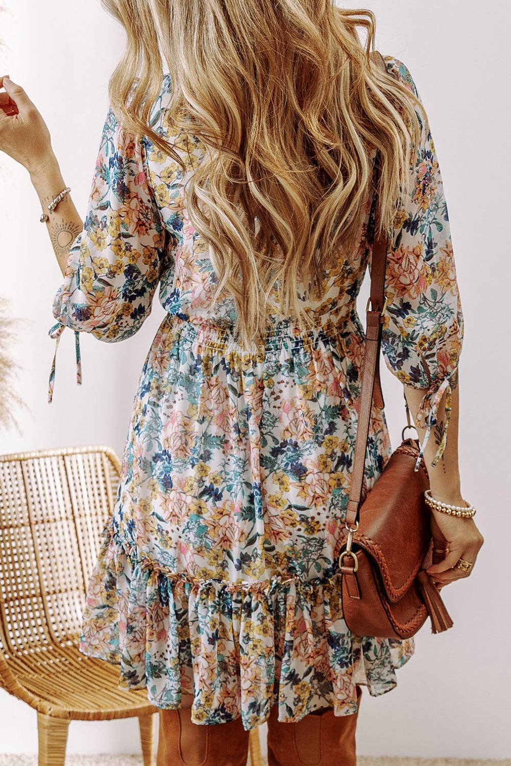 Sky Blue Floral 3/4 Sleeve V Neck High Waist Ruffled Dress: