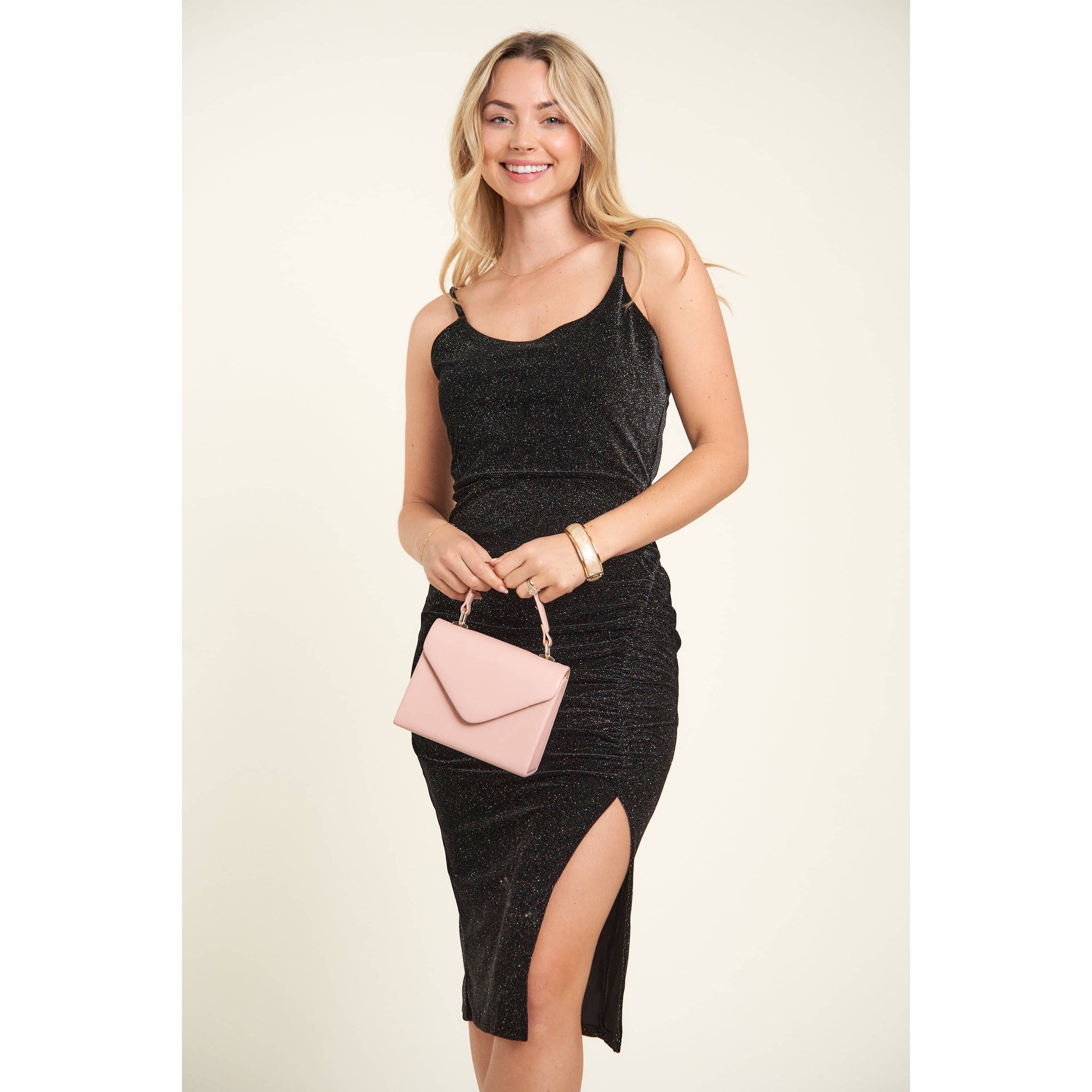Cami Sleeveless Glitter Velvet Slit Midi Dress: Black