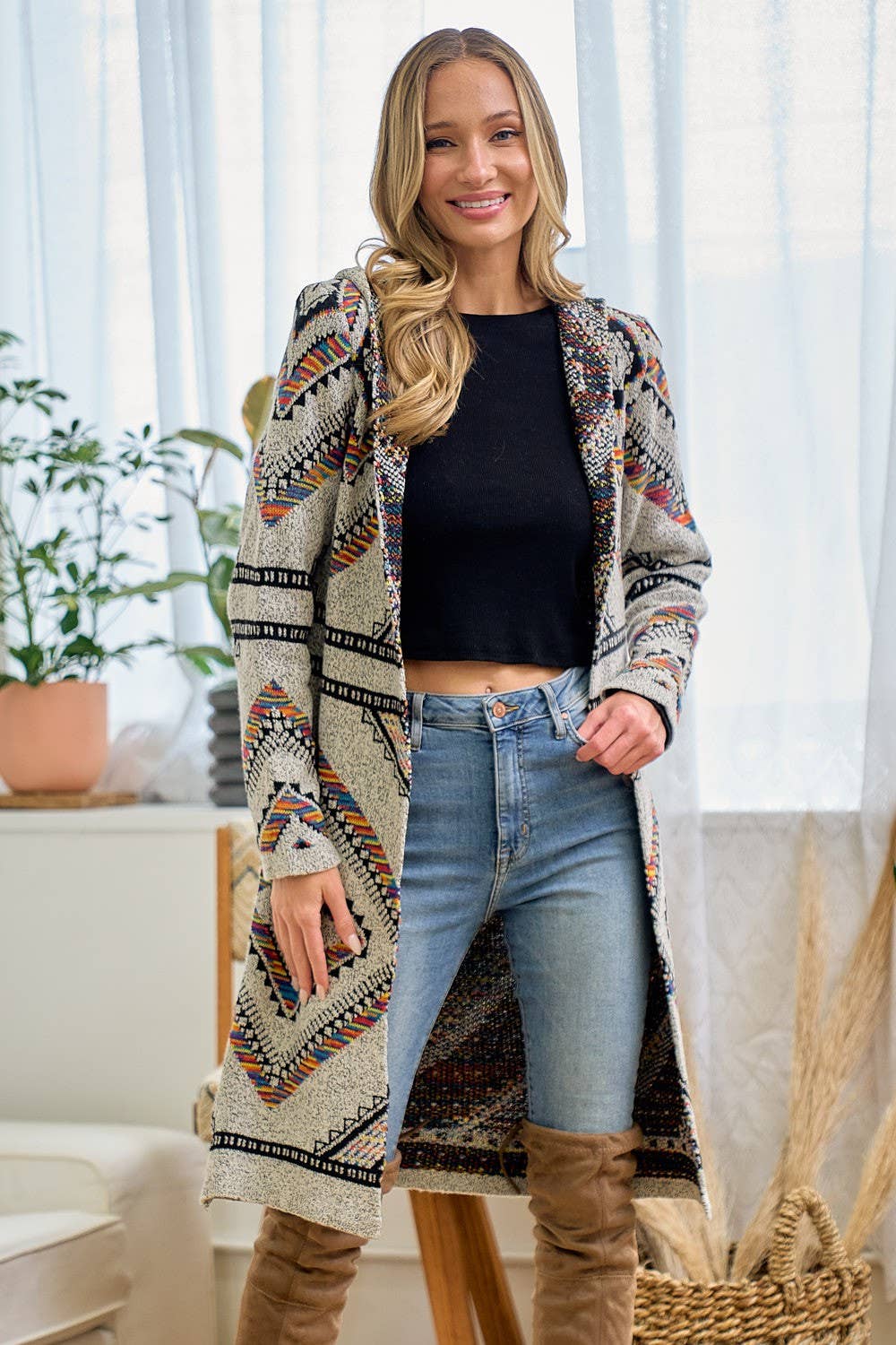 Rainbow Multi Diamond Long Sleeve Long Cardigan WITH HOOD