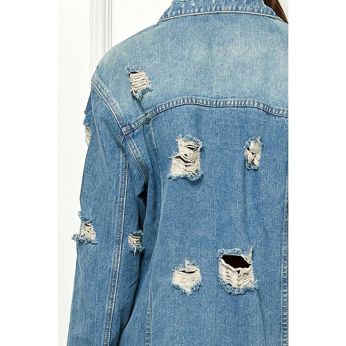 Distressed Long Denim Jacket: Med Wash