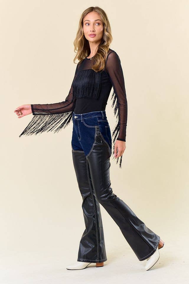 ST3938A LONG SLEEVE FRINGED MESH TOP