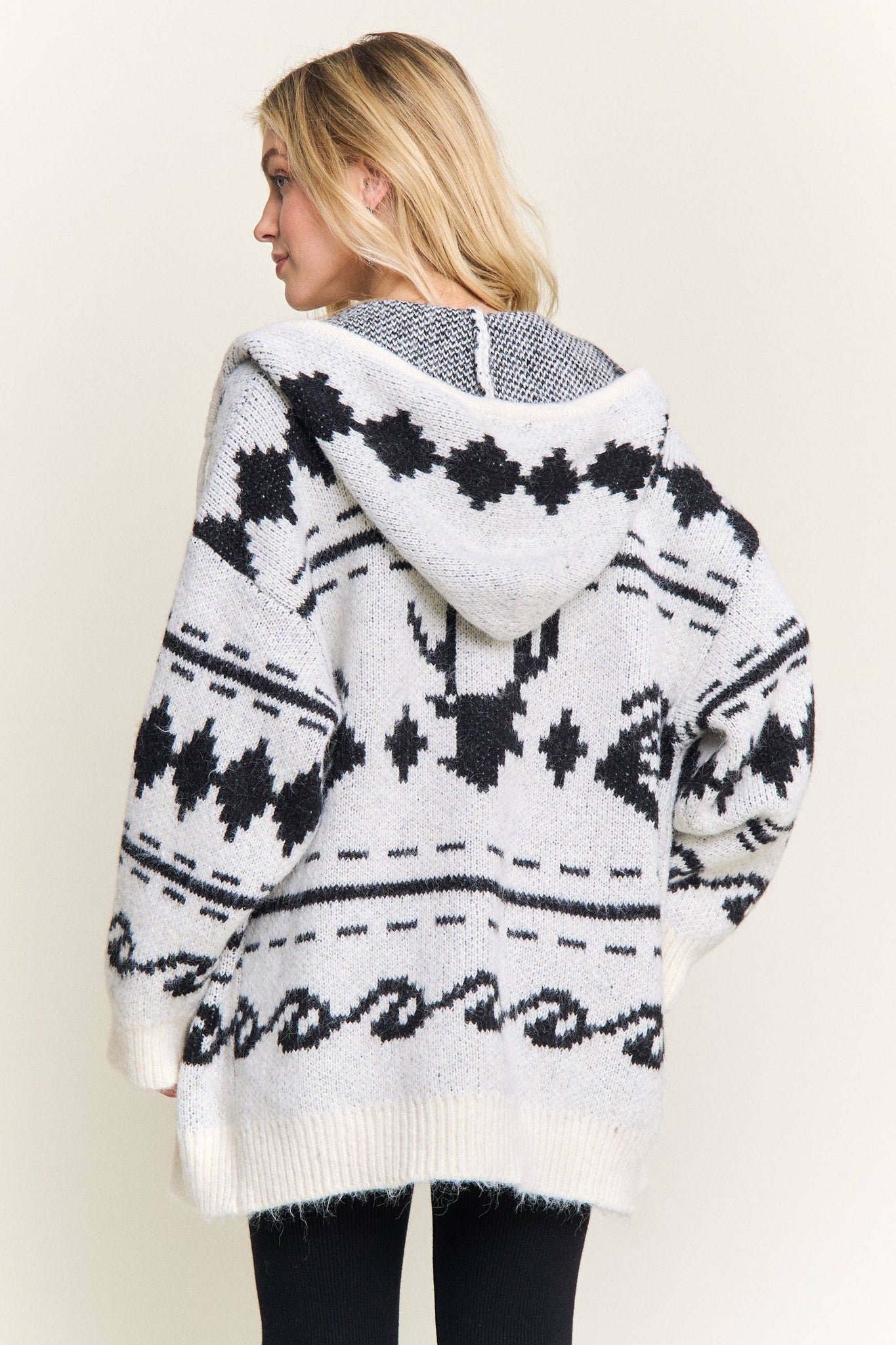 CESW4139-ZIP-UP AZTEC HOODED KNIT CARDIGAN:ONESIZE