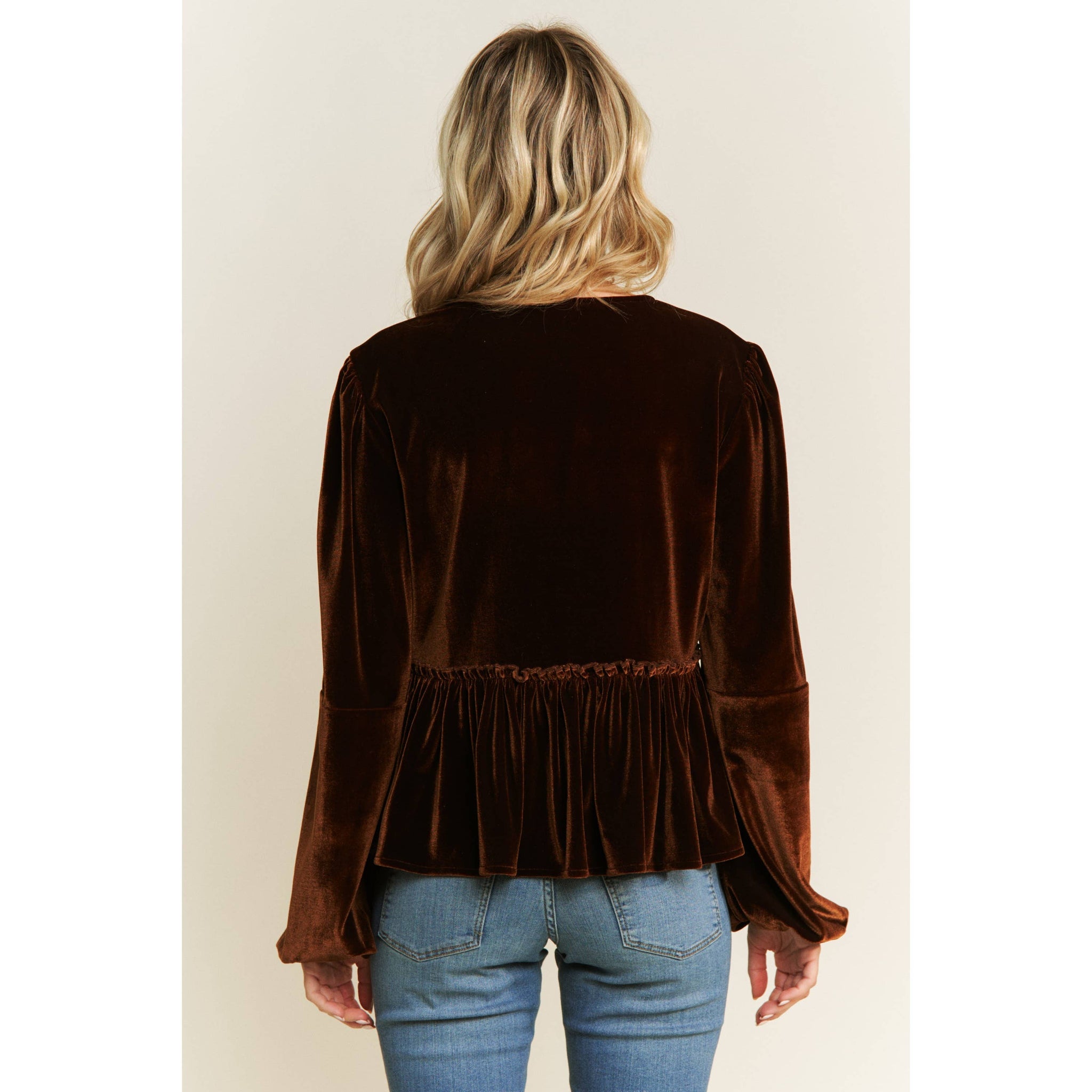 VELVET OPEN FRONT BABYDOLL LONG SLEEVE BLOUSE WITH BOW DETAIL