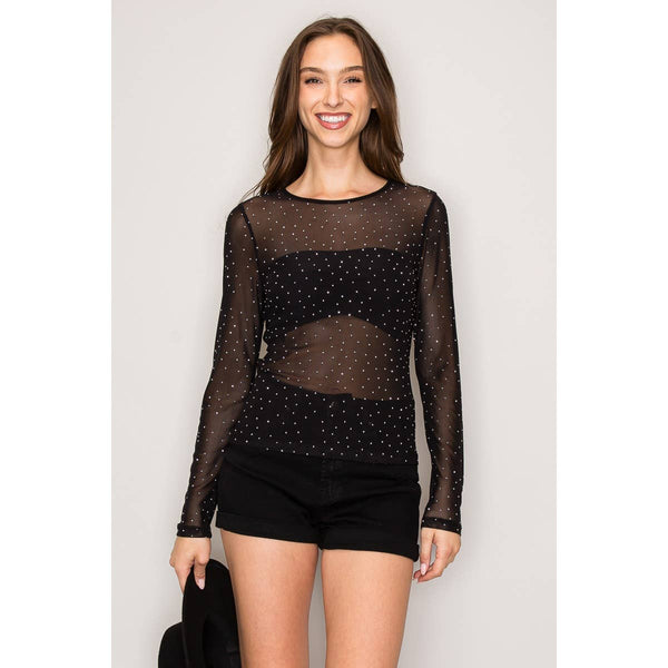 Rhinestone Embellished Mesh Long Sleeve Knit Top: Black
