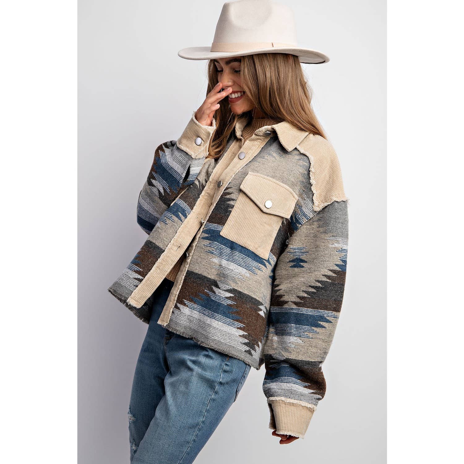 TRIBAL AZTEC PATTERN COLORBLOCK BUTTON DOWN SHIRT JACKET