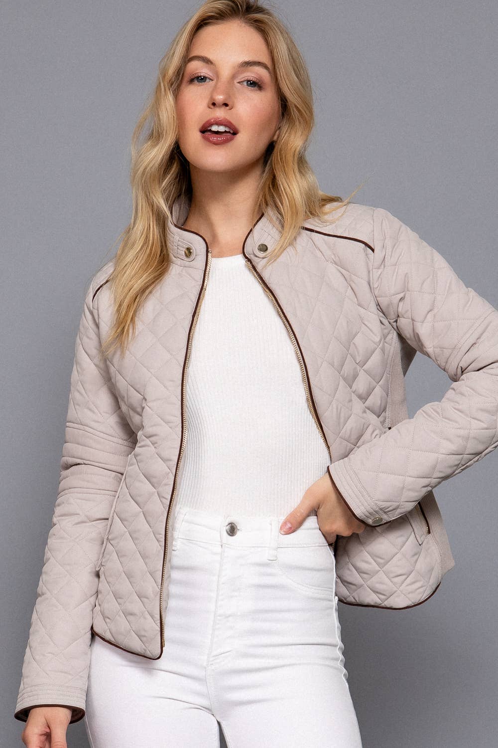 Suede Piping Detail Rib Quilted Padding Jacket