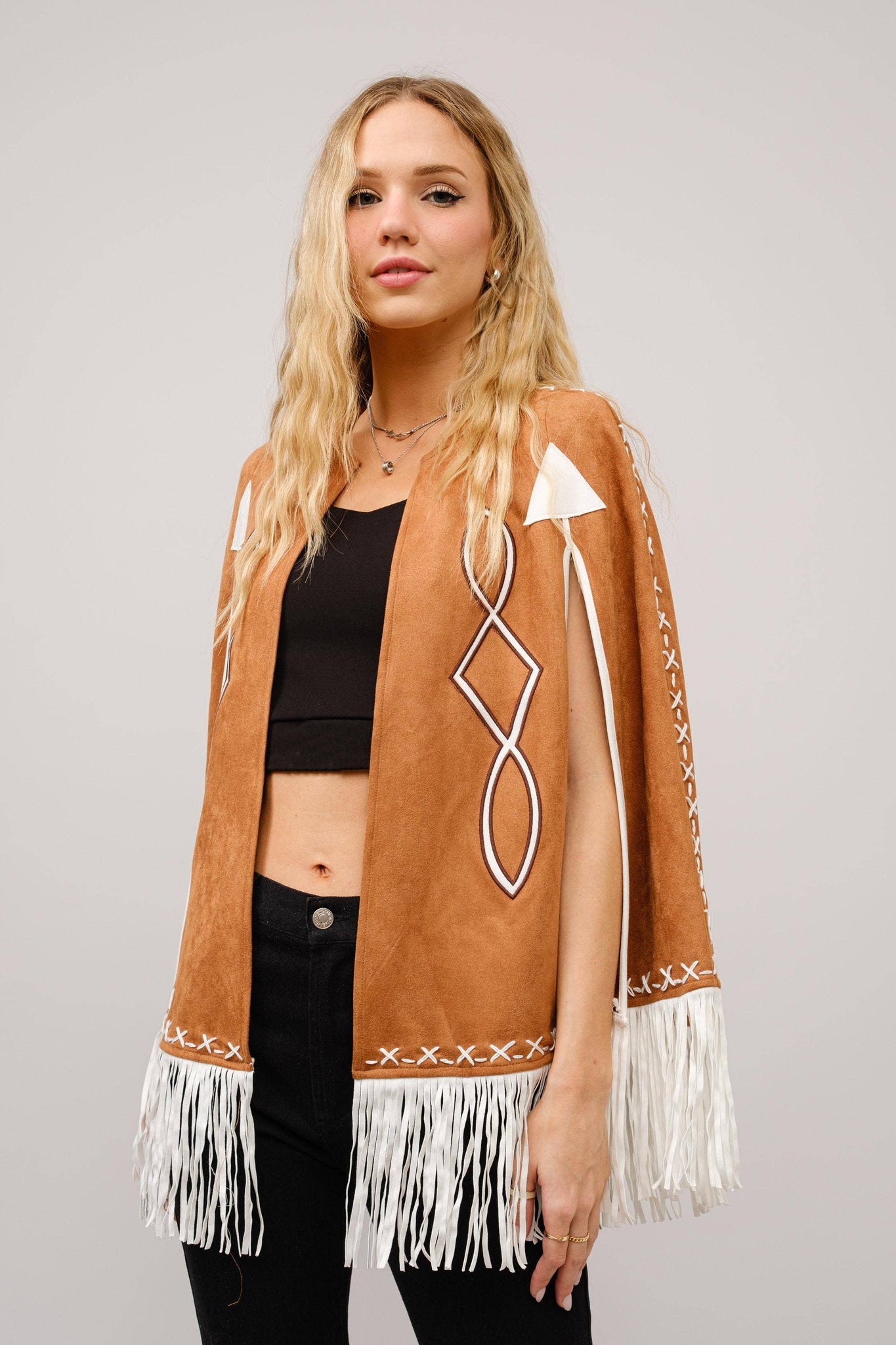 36306J - Fringe Detail Open Cape Jacket: CAMEL