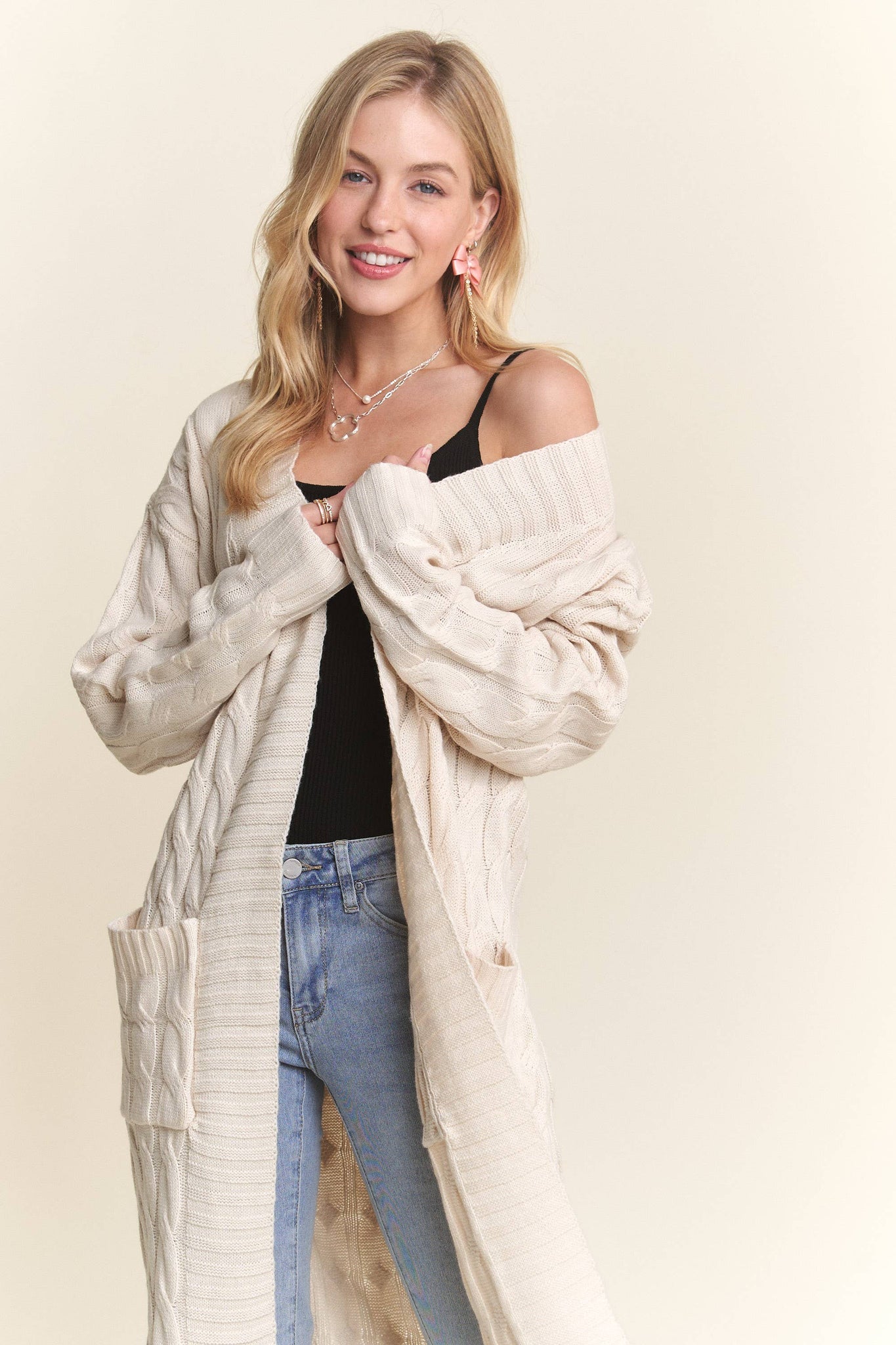 CESW3774 - CABLE KNIT SWEATER CARDIGAN WITH POCKET: NATURAL