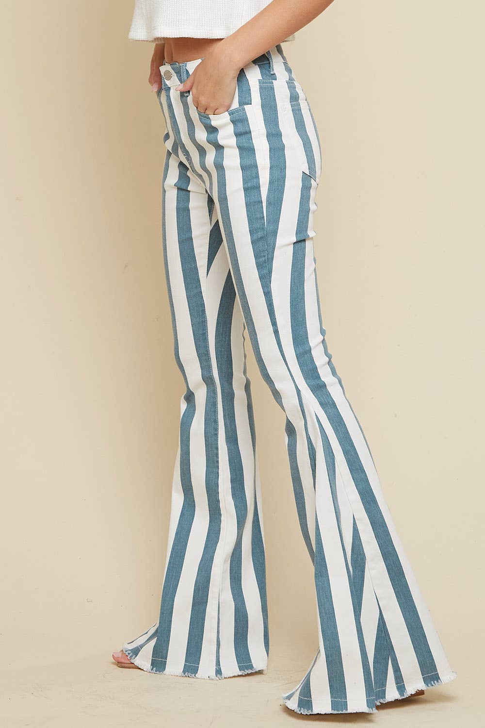 DEEP TEAL STRIPED WASHED DENIM BELL BOTTOMS: CREAM/DEEP TEAL