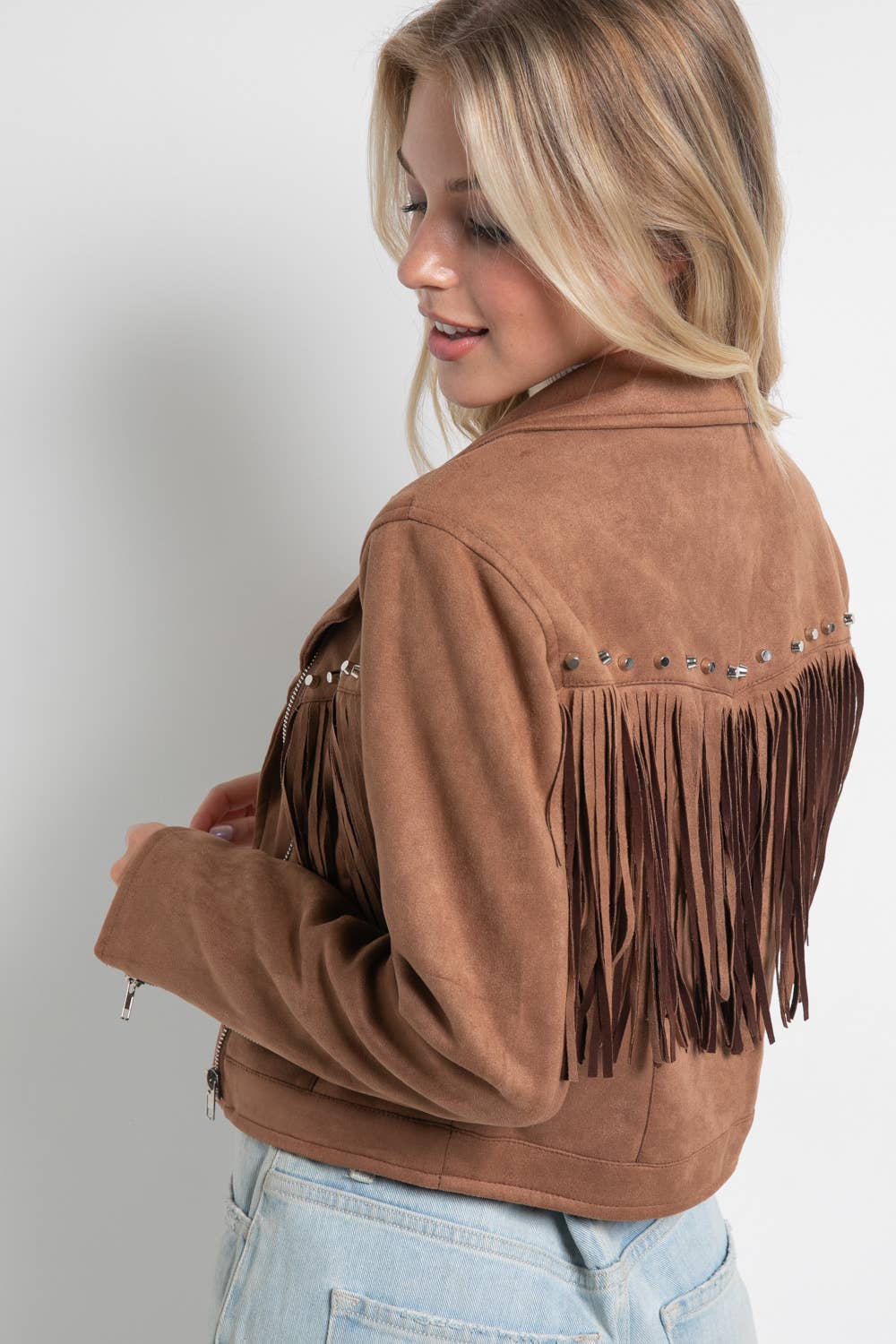 - Suede Studded Fringe Moto Jacket: