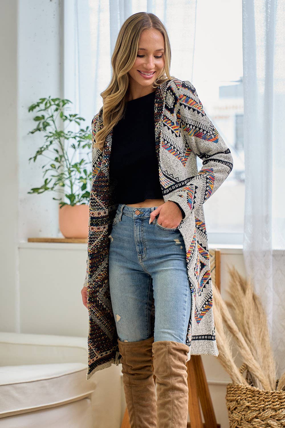 Rainbow Multi Diamond Long Sleeve Long Cardigan WITH HOOD
