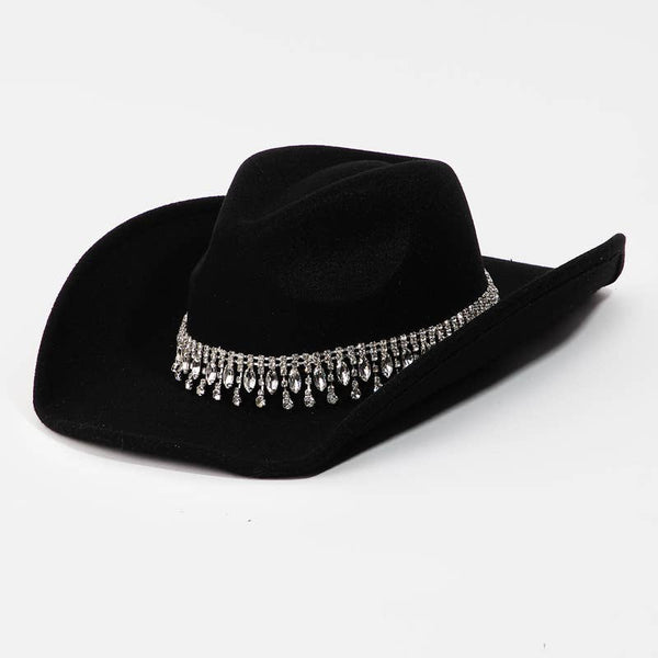 Rhinestone Fringe Chain Cowboy Hat: BK