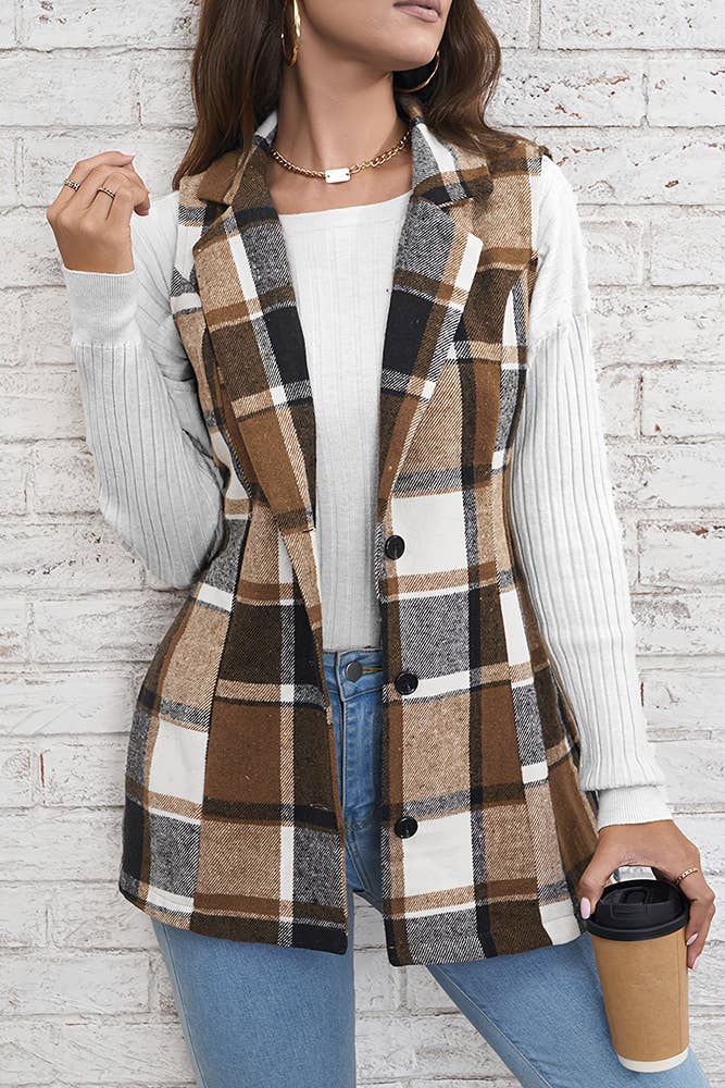 Brown Plaid Lapelle Collar Button Up Vest Coat