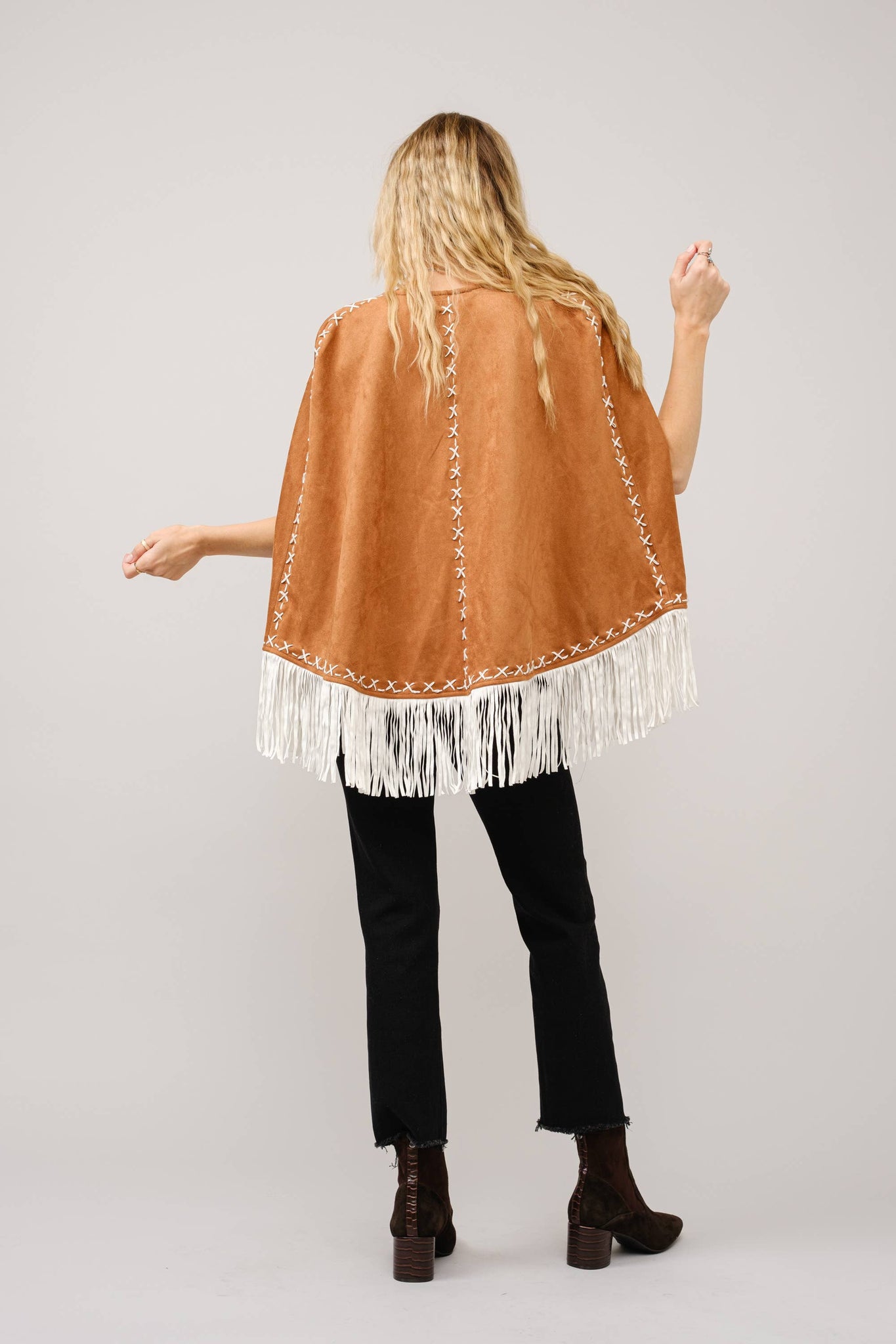 36306J - Fringe Detail Open Cape Jacket: CAMEL