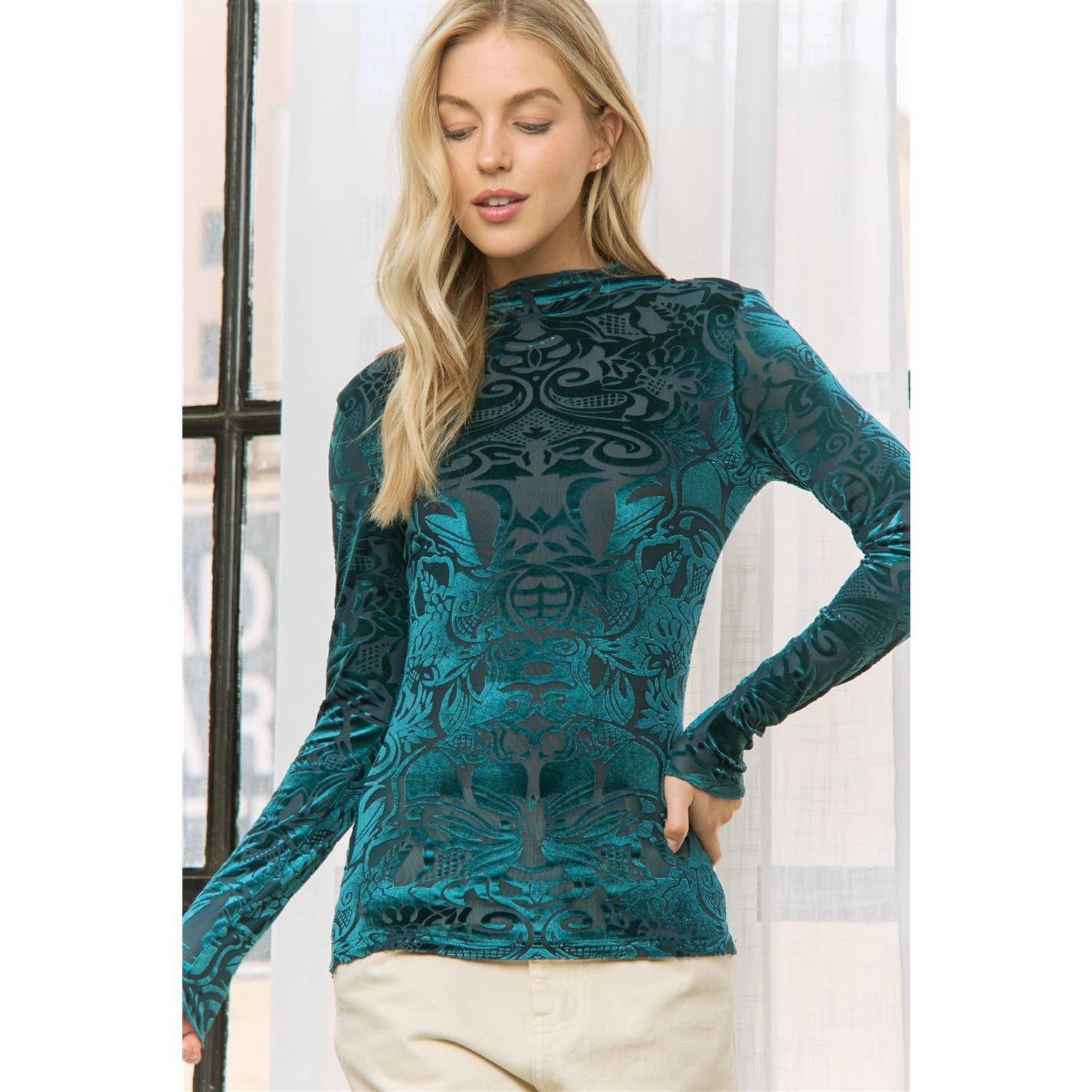 VELVET BURN OUT SLIM FIT HIGH NECKLINE TOP: