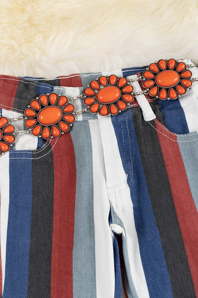 Multi-color stripe printed bootcut denim pants. PNG65153068