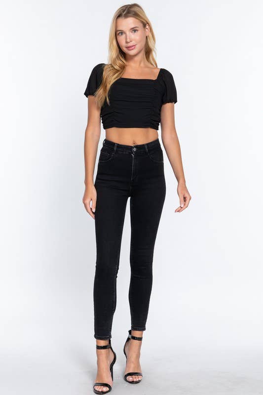 Straight Neck Ruched Cross Back Woven Top Black