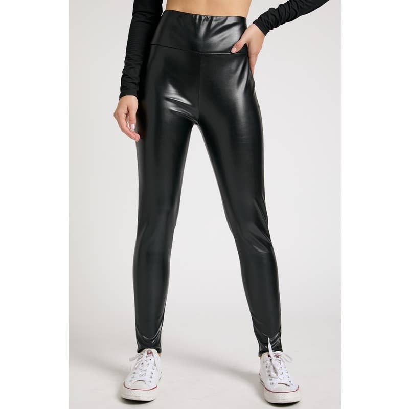 High Wiast Seamed Skinny Faux Leather Long Pants: Black