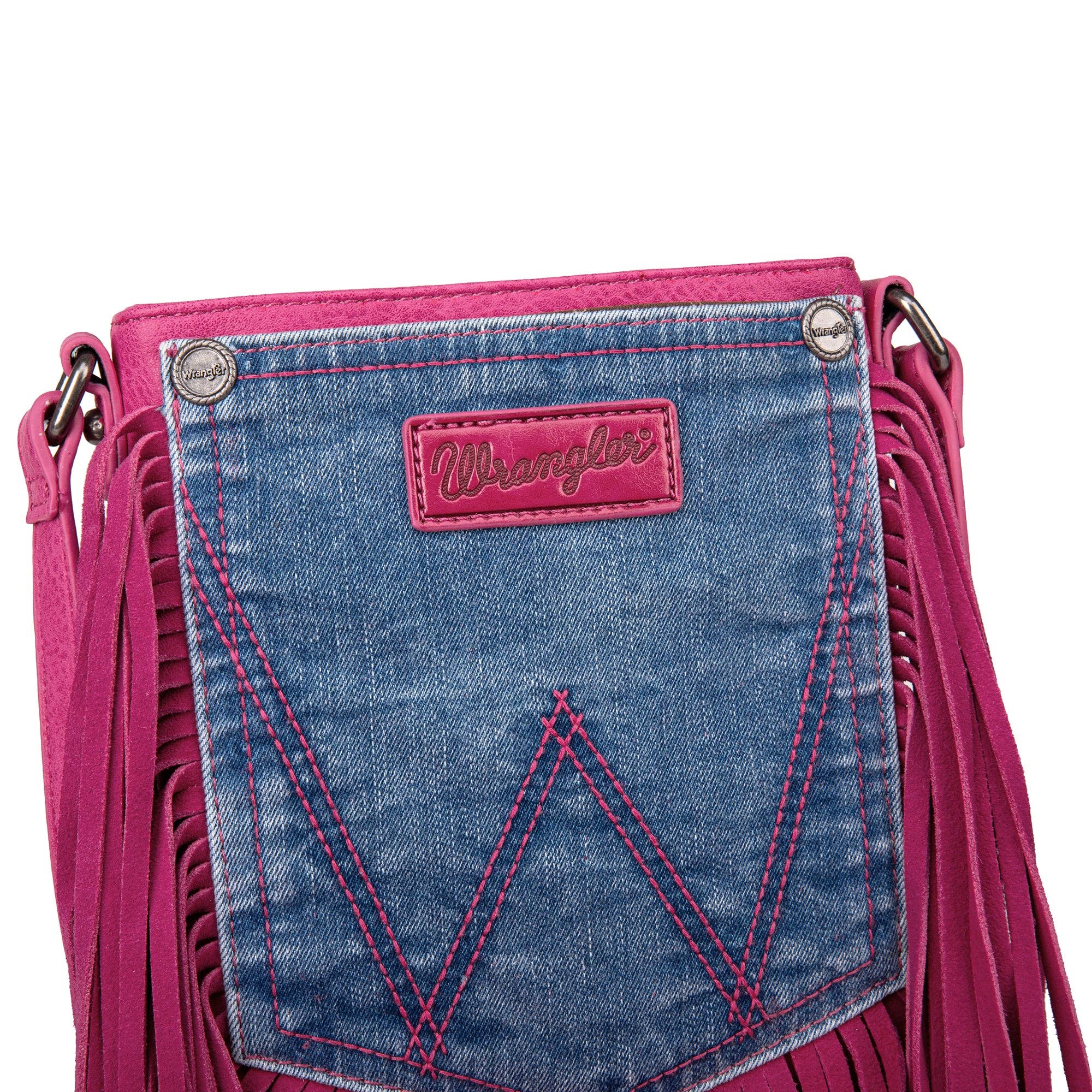 WG44-8360 Wrangler Leather Fringe Jean Denim Pocket Crossbody - Hot Pink: Pink