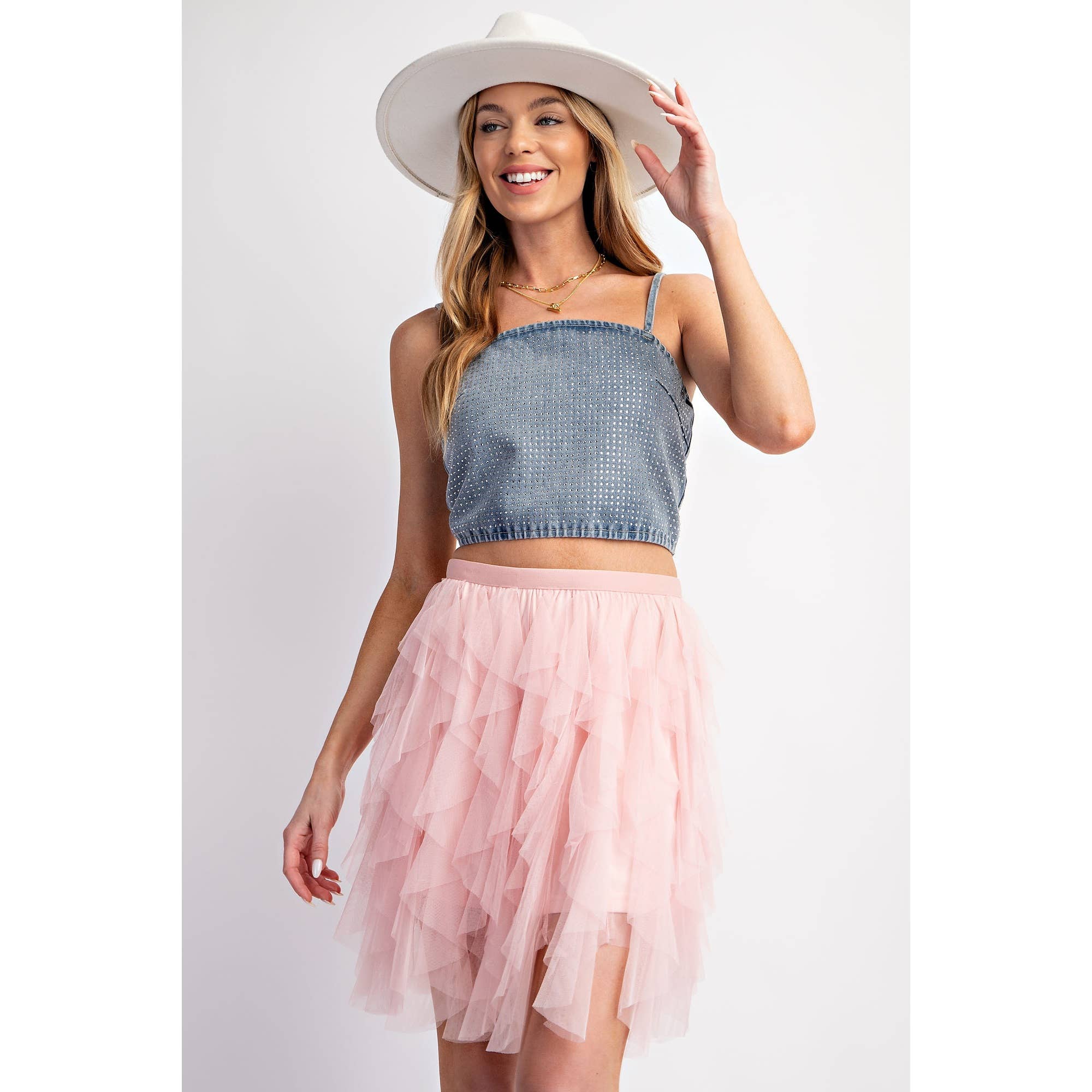 CASCADING TULLE MESH LAYERED MINI SKIRT: