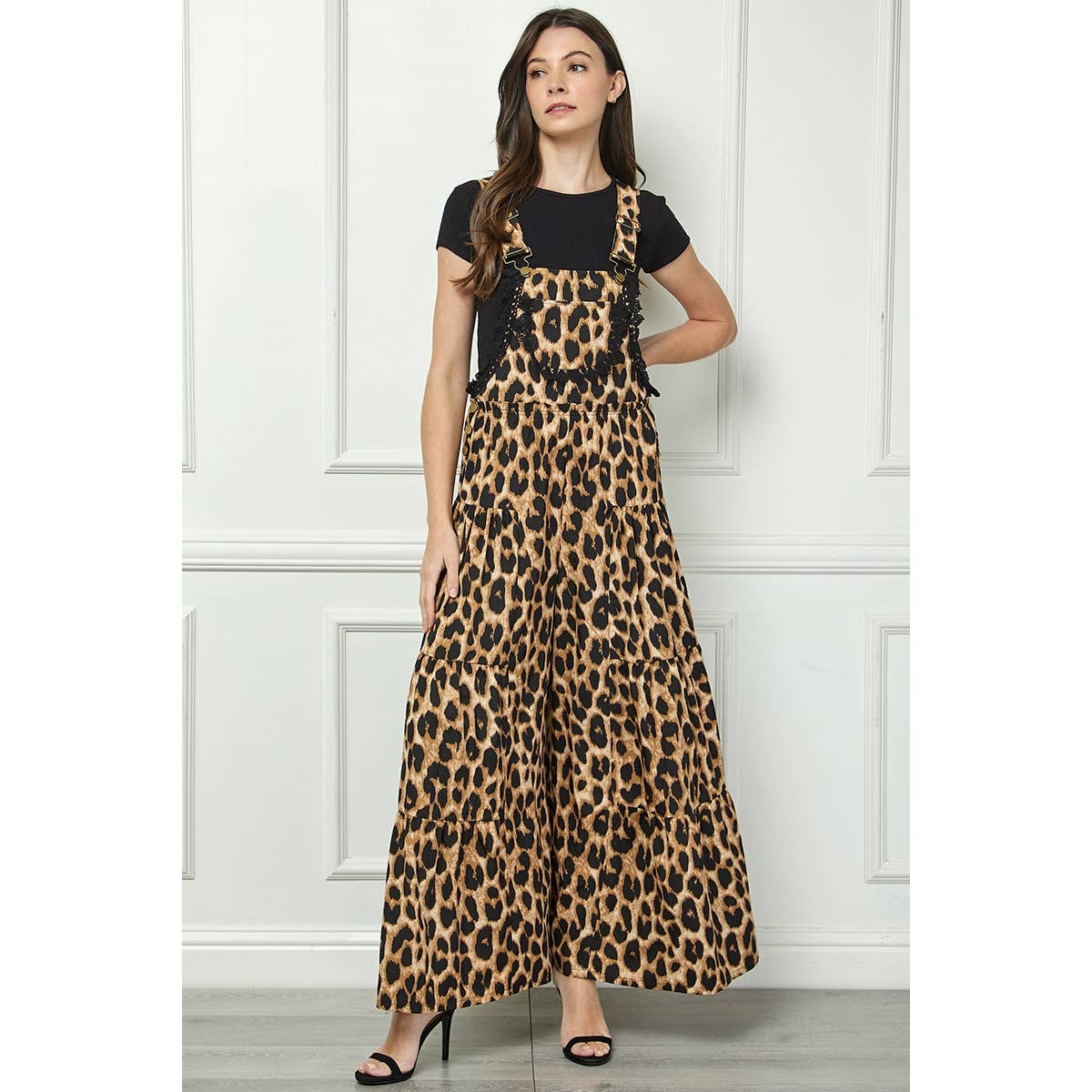 Embroidered Strap Flowy Jumpsuit: Leopard