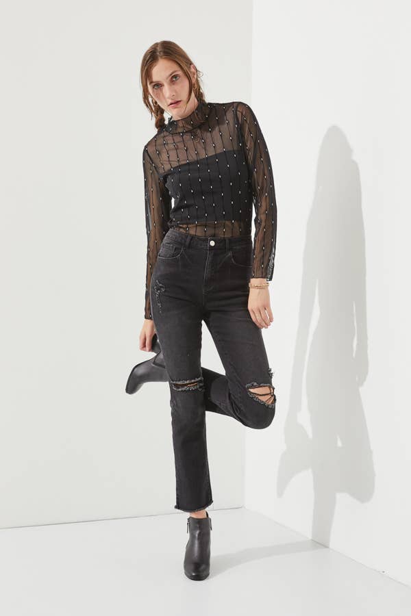 PLUS SIZE MOCK NECK MESH FLOCKED TOP: BLACK