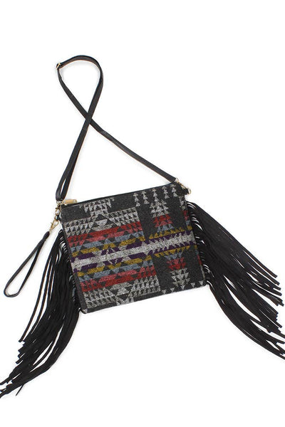 Western Crossbody Bag with Tassel: Black