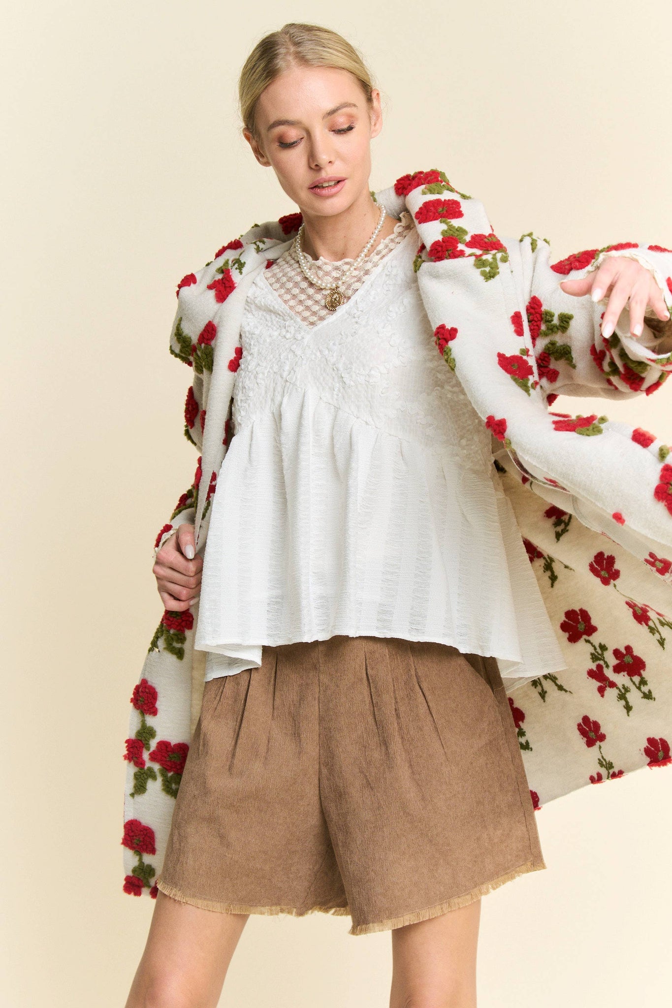 FLORAL POCKET CHUNKY BUTTON FRONT HOODIE JACKET