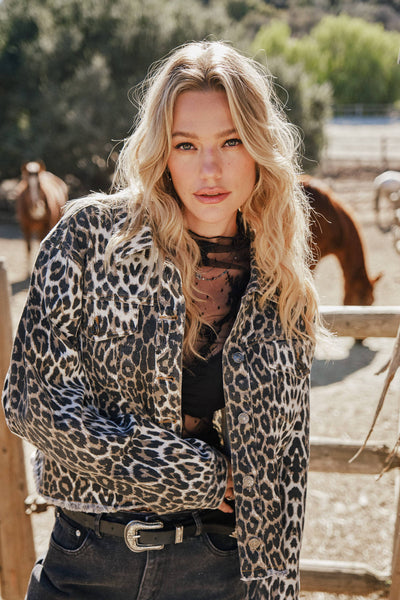 23445J - Leopard Button Up Denim Trucker Jacket: LEOPARD