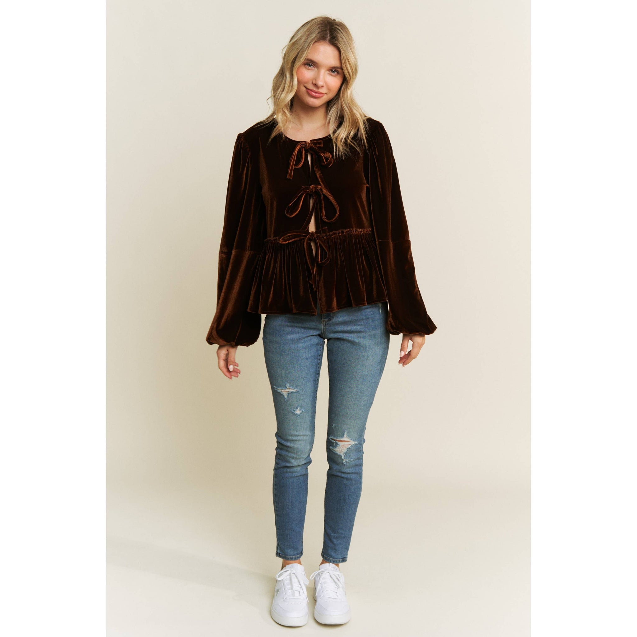 VELVET OPEN FRONT BABYDOLL LONG SLEEVE BLOUSE WITH BOW DETAIL