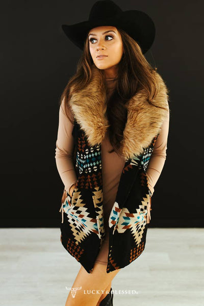 Black Aztec W Fur Collar Vest